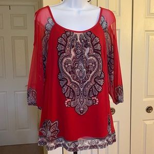 INC • Red & Black Sheer Patterned Top
